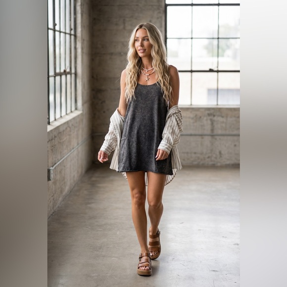 NWT Stone Acid Washed Ash Black Athletic Mini Dress with Built in Romper - Picture 3 of 9
